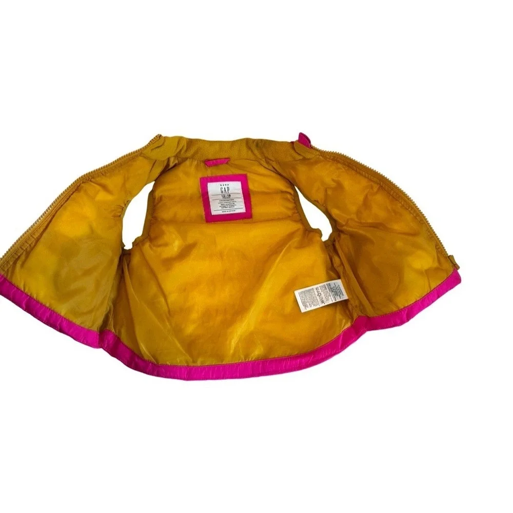 Baby Gap Cold Control Puffer Vest Hot Pink Mustard Yellow 12-18‎ Months Zip Up
